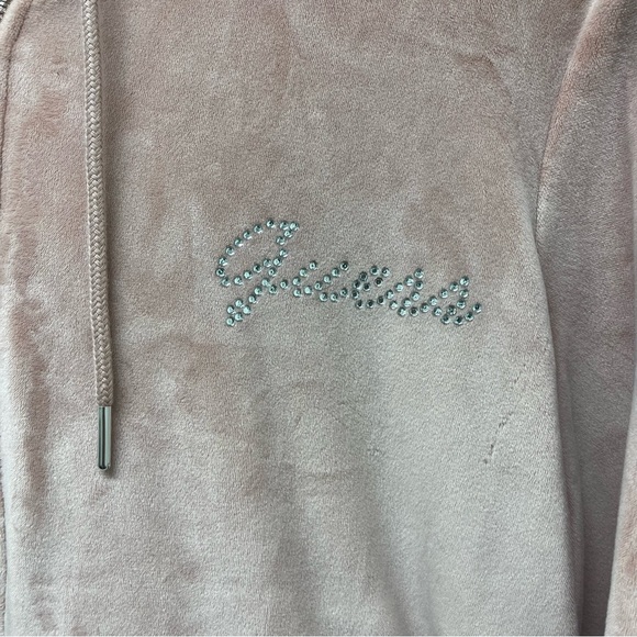 GUESS Y2K Pink Velour Zip Up Rhinestone Sweater with Hoodie💎 size Large - Picture 3 of 5